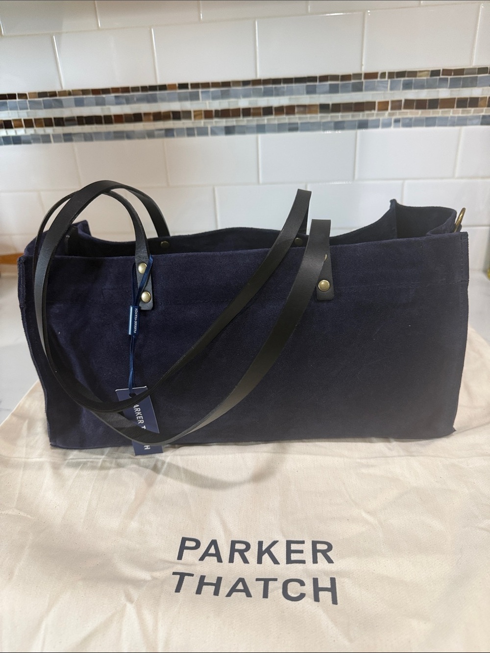 Parker Thatch Navy Suede Shoulder Tote Bag